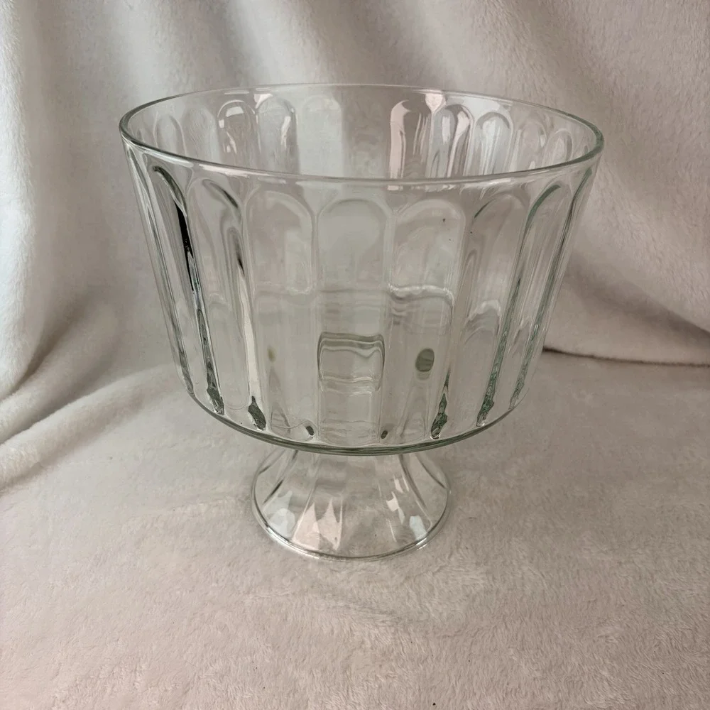 Vintage 70s Ribbed Clear Glass Trifle Bowl Footed Pedestal Base Retro Fluted EVC